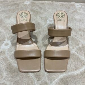 Vince Camuto Beige Tan Nude Double Strap Mules Heeled Square toe Sandals